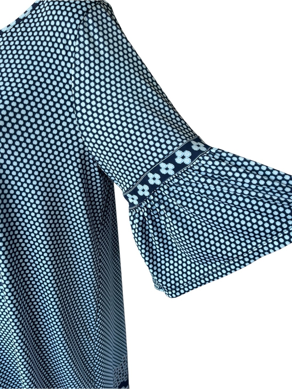 Max Studio Blue White Geometric Shift Dress XL 3/4 Bell Sleeve Stretch Knit - Picture 3 of 9